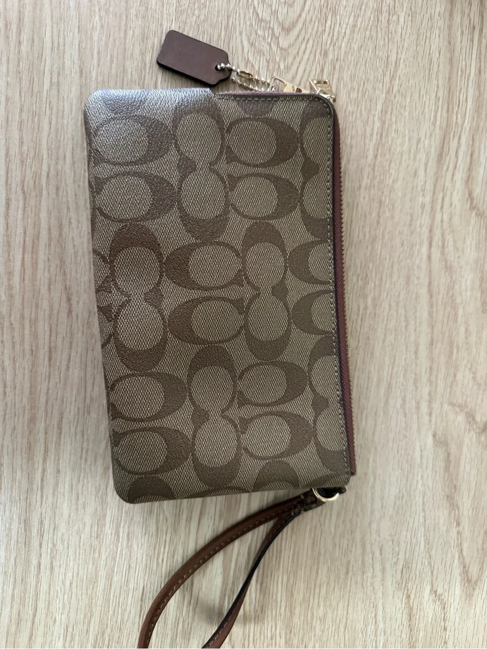 Coach Signature C Double Zip Wristlet Brown Tan Gold